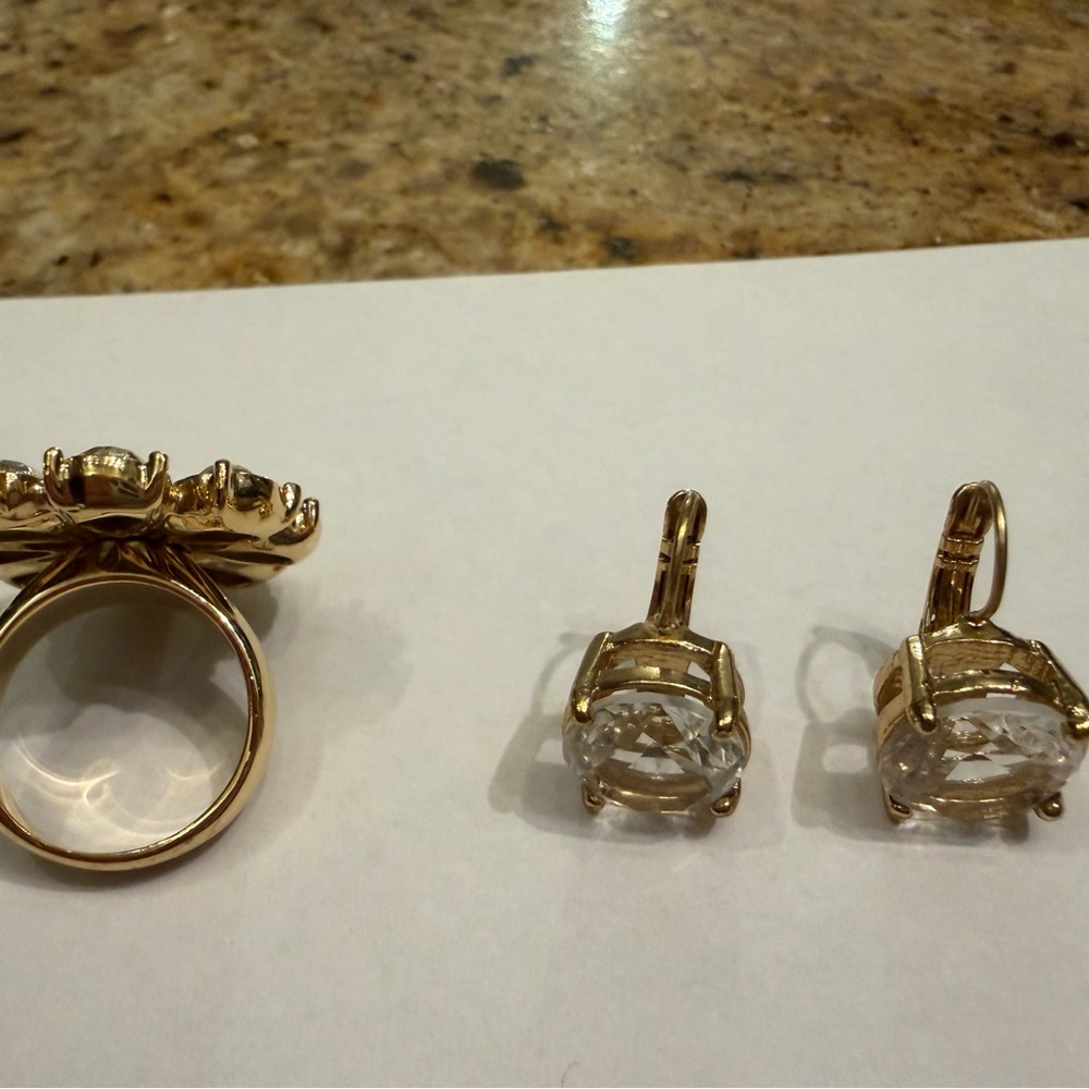 Kate Spade Gold-Tone Clear Crystal Flower Ring with Matching Drop Earrings - Picture 3 of 4